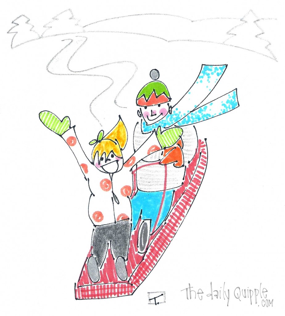 An illustration of little K and her daddy enjoying the first day of February with an invigorating sled ride.