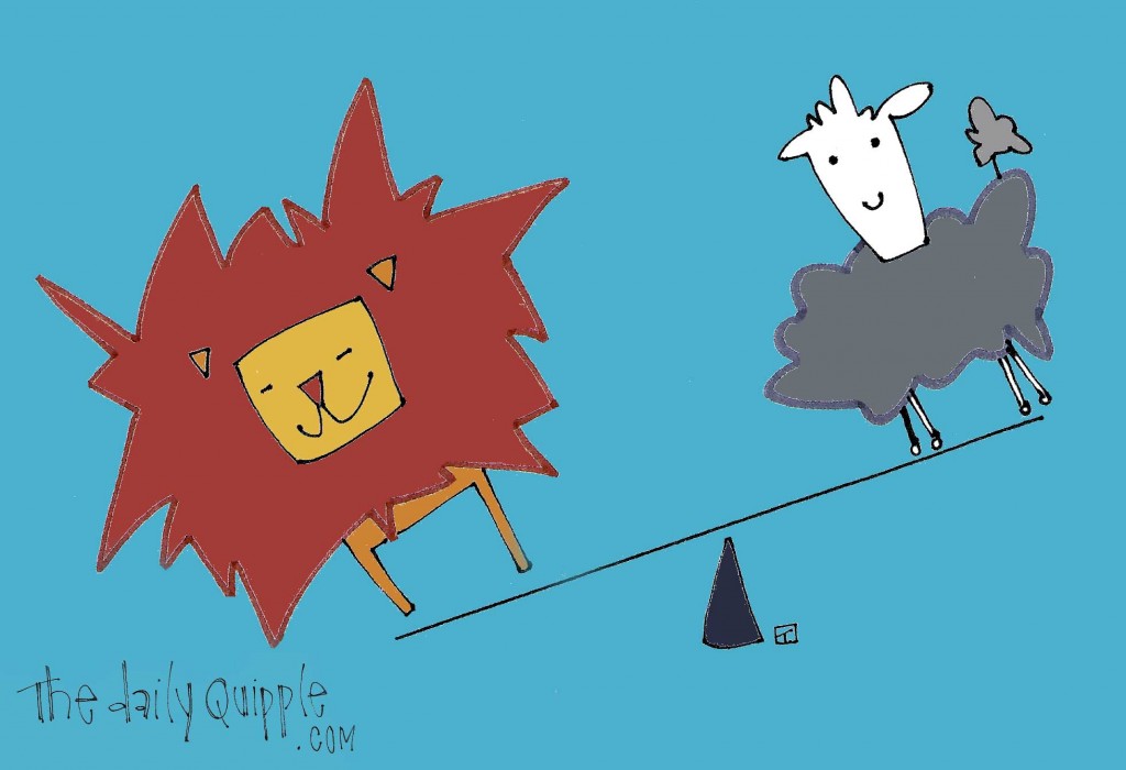An illustration of a lamb and a lion on a teeter totter for the start of March and the Springtime to come!