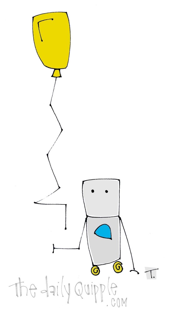 Quipple Bot lets go of a yellow balloon.