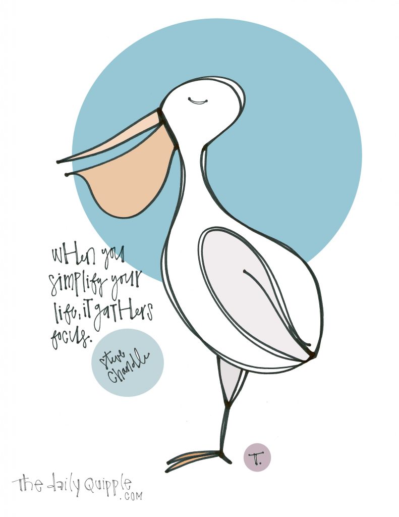 Illustration of a pelican and words: When you simplify your life, it gathers focus. [Steve Chandler]