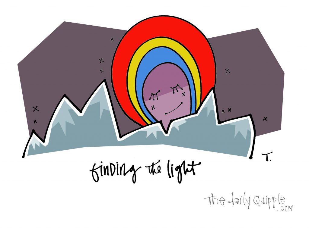 Illustration of mountains, a rainbow, and words: finding the light.