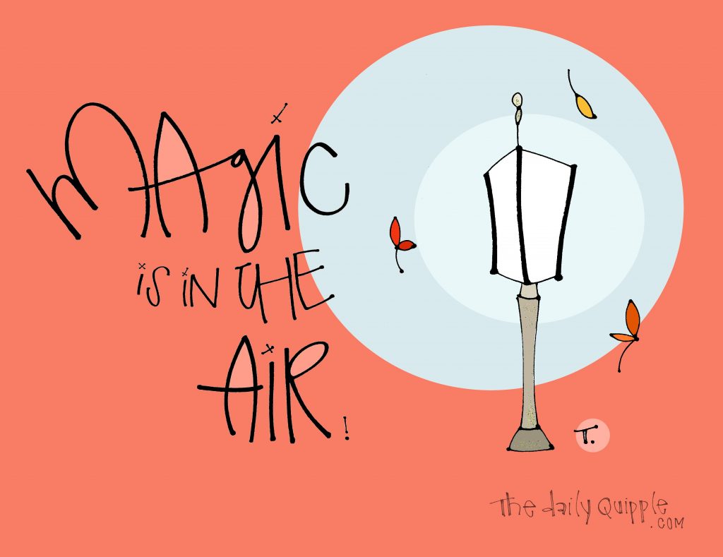 Illustration of a street lamp surrounded by falling leaves and words: Magic is in the air!