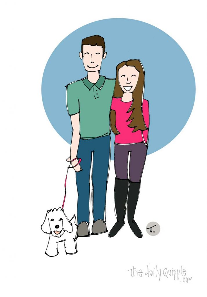 Illustration of two happy people with a small dog. 